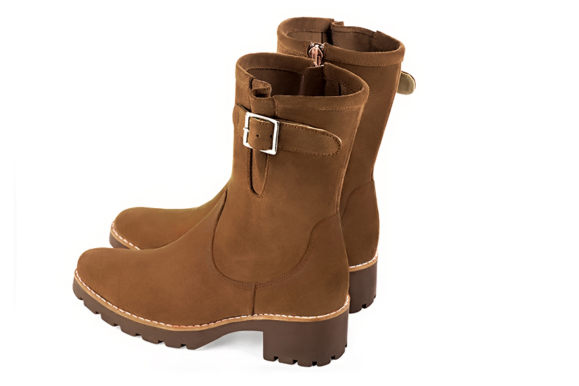 Caramel brown women's ankle boots with buckles on the sides. Round toe. Low rubber soles. Rear view - Florence KOOIJMAN